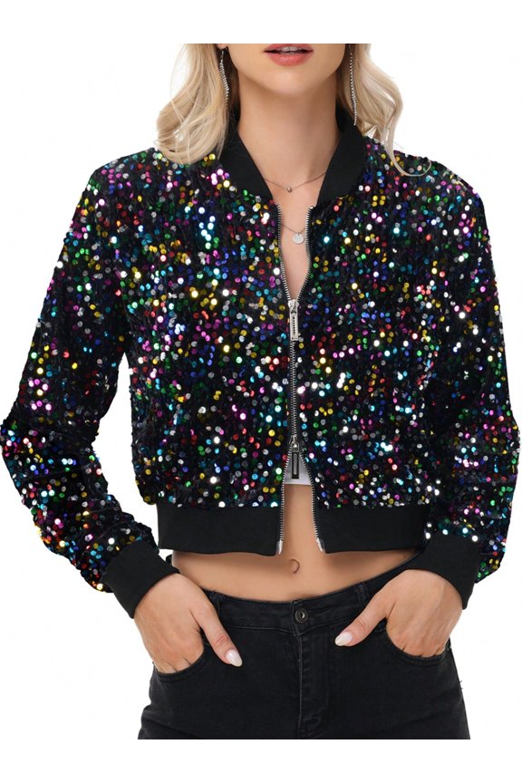 Women's Sequin Zip-Up Bomber Jacket with Ribbed Trim and Long Sleeves - Small, Candy