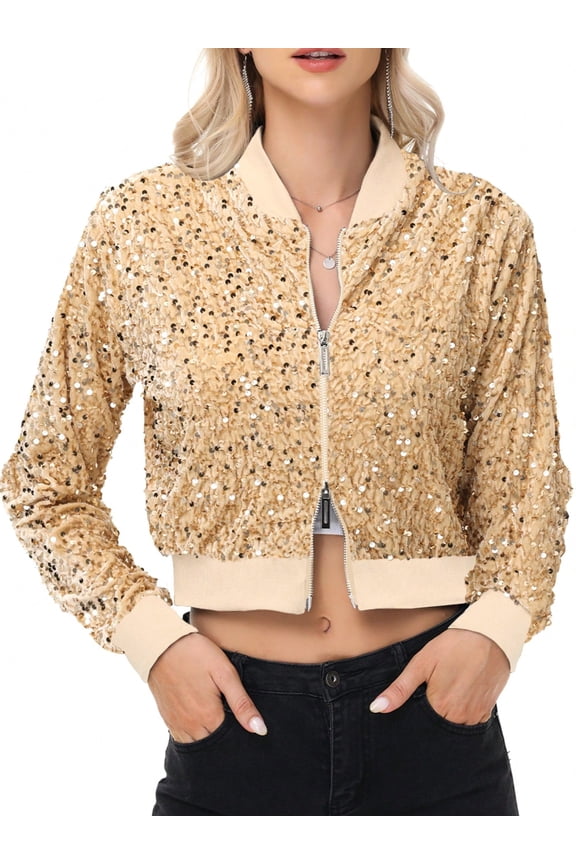 Women's Sequin Zip-Up Bomber Jacket with Ribbed Trim and Long Sleeves - X Large, Gold