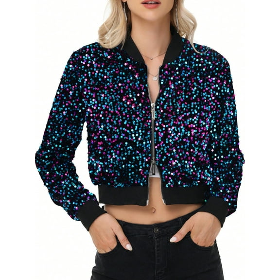 Women's Sequin Zip-Up Bomber Jacket with Ribbed Trim and Long Sleeves - X Large, Neon