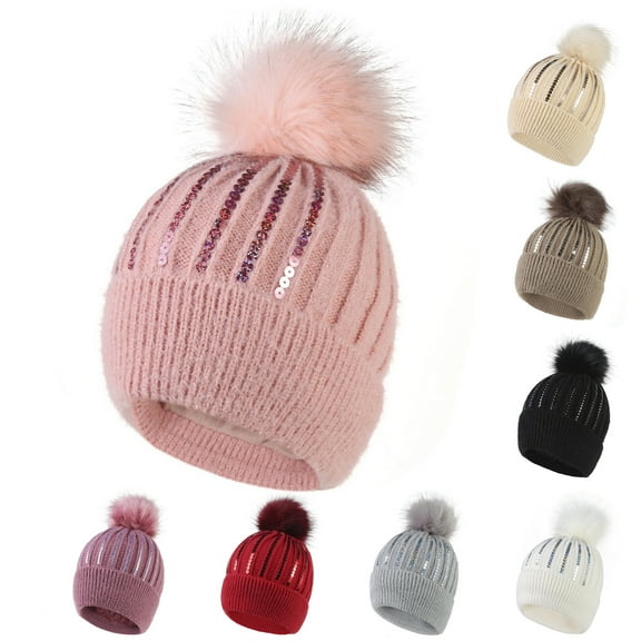 Women's Sequined Beanie with Pom Pom, Winter Knit Hat with Sparkle Details, Fashion Cold Weather Hat for Women, One Size Fits Most