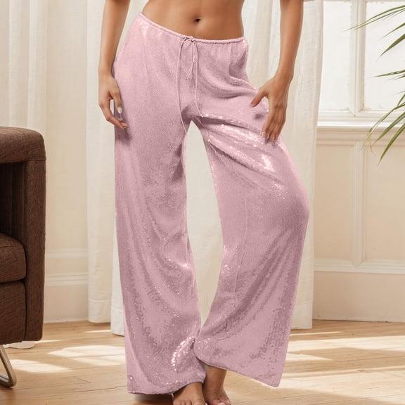 Women's Sequined Casual Fashion Straight Leg Loose Wide Leg Trousers, Glitter Party Pants for Women, Elastic Waist Lounge Pants, Evening Wear,Pink,S