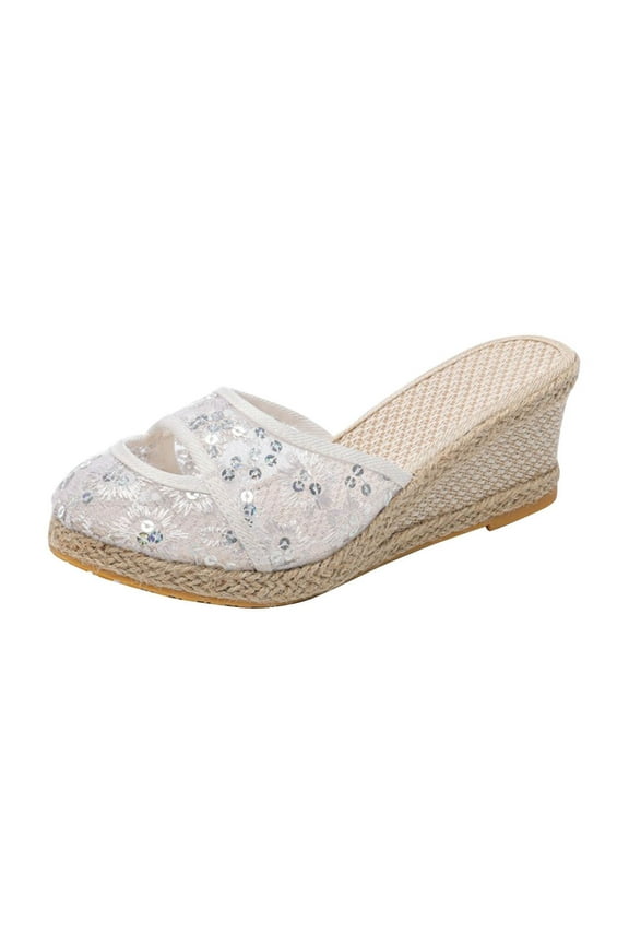 Women's Sequined Lace Wedge Slippers Summer Slip On Open Toe Espadrille Sandals Breathable Comfortable Beach Wedge Shoes White 38