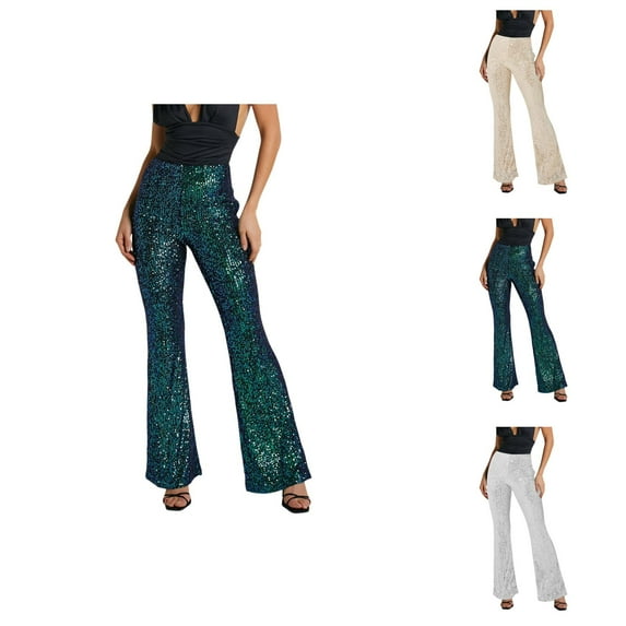 Women's Sequined Pants Sparkling Sequins High Waisted Wide Leg Flared Pants Flared Pants Nightclub Wear Summer Capris For Women