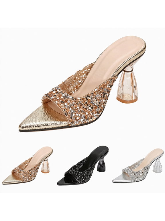 Women's Sequined Sandals Pointed Open Toe Walking Slides Fashion Elegant Shiny Slip on Dress Mule Slippers Prom Wedding Party Heels Silver Size 8