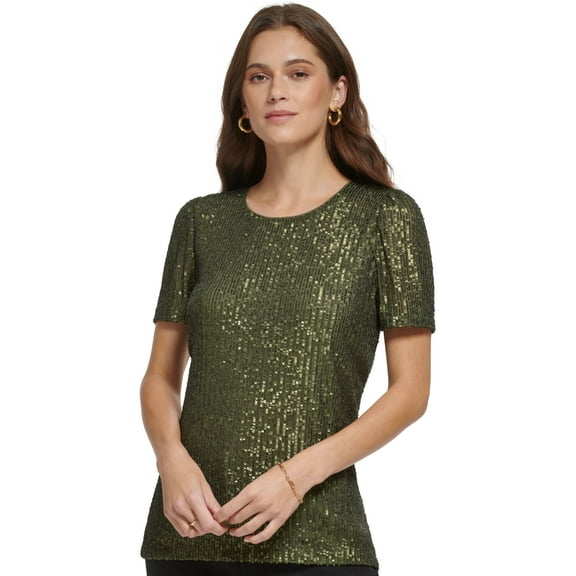 Women's Sequined Short-Sleeve Crewneck Blouse Olive L