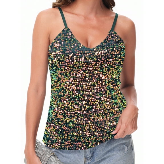 Women's Sequined Spaghetti Strap V-Neck Camisole Top for Party and Night Out - Large, Green
