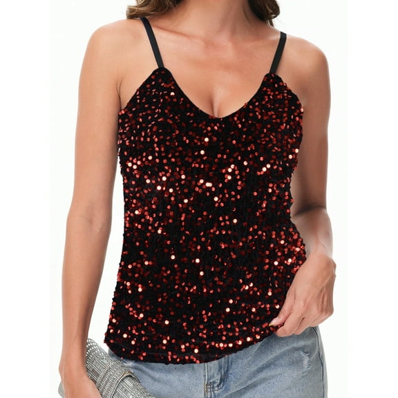 Women's Sequined Spaghetti Strap V-Neck Camisole Top for Party and Night Out- Large, Red
