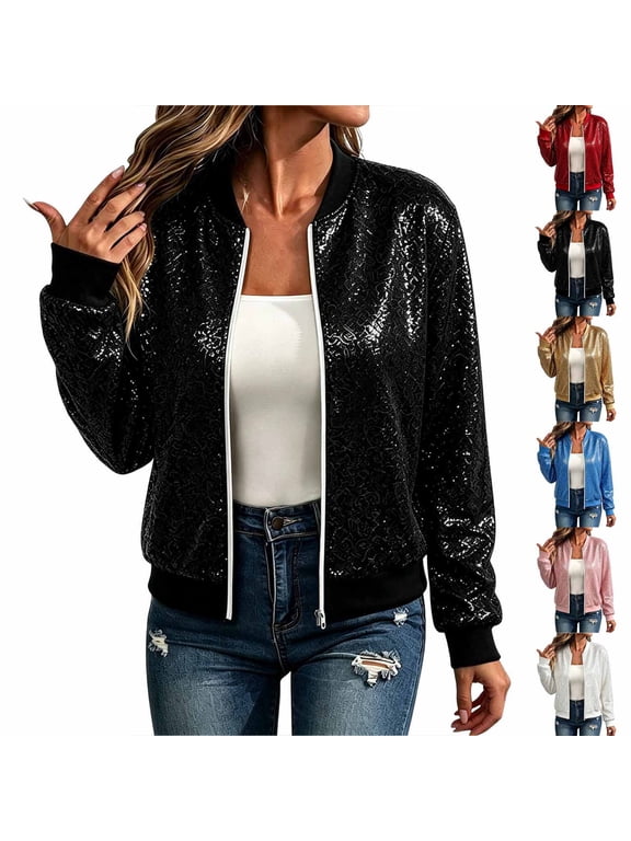 Women's Sequined Stand Up Collar Zipper Jacket Short Flight Suit Jacket Sequined Lined Long Sleeved Jacket Red S