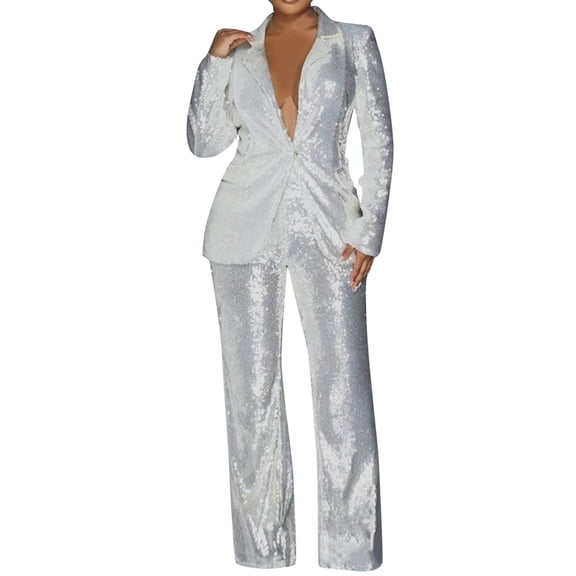 Women's Sequined Suit Set Deep V Neck Fashion One Button 2 Piece Wedding Tuxedos Blazer Straight Long Pants Prom Party Outfit White XL