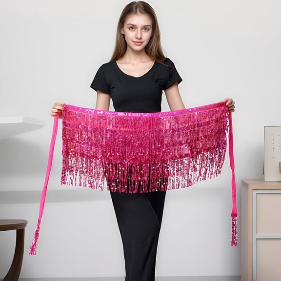 Women's Sequined Tassel Dance Short Skirt, Belly Dance Hip Scarf Skirt with Adjustable Waist, Glittering Carnival Costume Skirt for Rave, Festival and Performance Hot Pink One Size