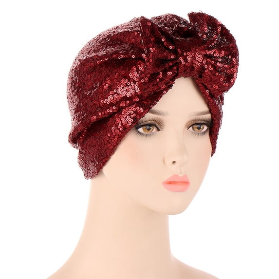 Women's Sequined Turban Headwrap with Bow Design, Muslim Headscarf Cancer Chemo Cap with Pre-Tied Glitter Hair Cover for Sensitive Scalps, Hand Washable Headwear