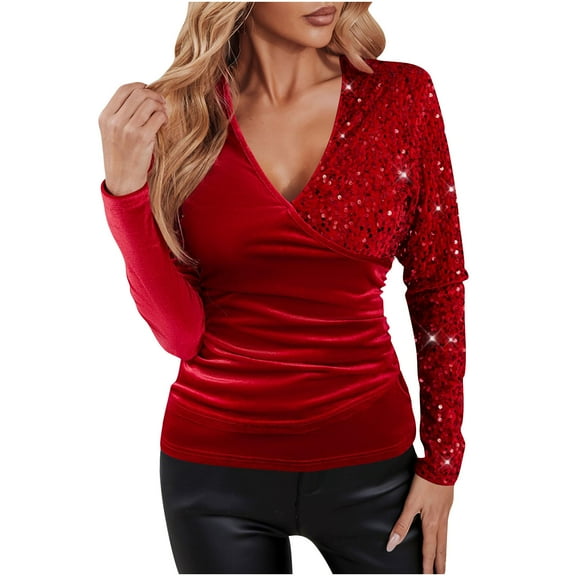 Women's Sequined V-Neck Tops, Fashion Solid Color Long Sleeve T-Shirt, Fall Winter Wrinkle Base Tops