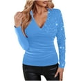 thumbnail image 1 of Women's Sequined V-Neck Tops, Fashion Solid Color Long Sleeve T-Shirt, Fall Winter Wrinkle Base Tops, 1 of 8