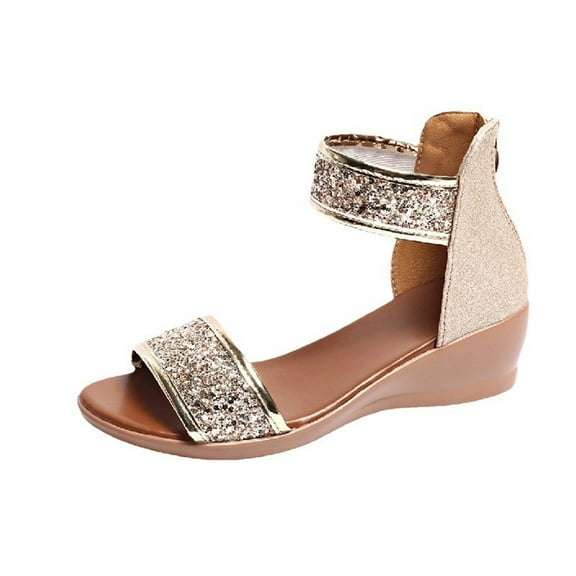 Women's Sequined Wedge Sandals Summer Casual Fashion Open Toe Back Zip Breathable Wedge Shoes Stylish Low Heel Sandals Dressy Outdoor Flat Sandals