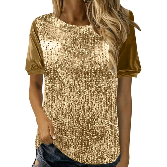 Women's Sequines Short Sleeve Tshirts Ladies Elegant Blouses Summer Party Tops Glitter Crewneck Tee