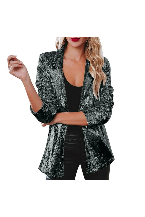 Women's Sequins Blazer Solid Color Sparkle Glitter Long Sleeves Open Front Jacket Lapel Coat for Party Club Fitted Blazer Bomber Jacket Casual Lightweight Goth Special Occasions Wedding