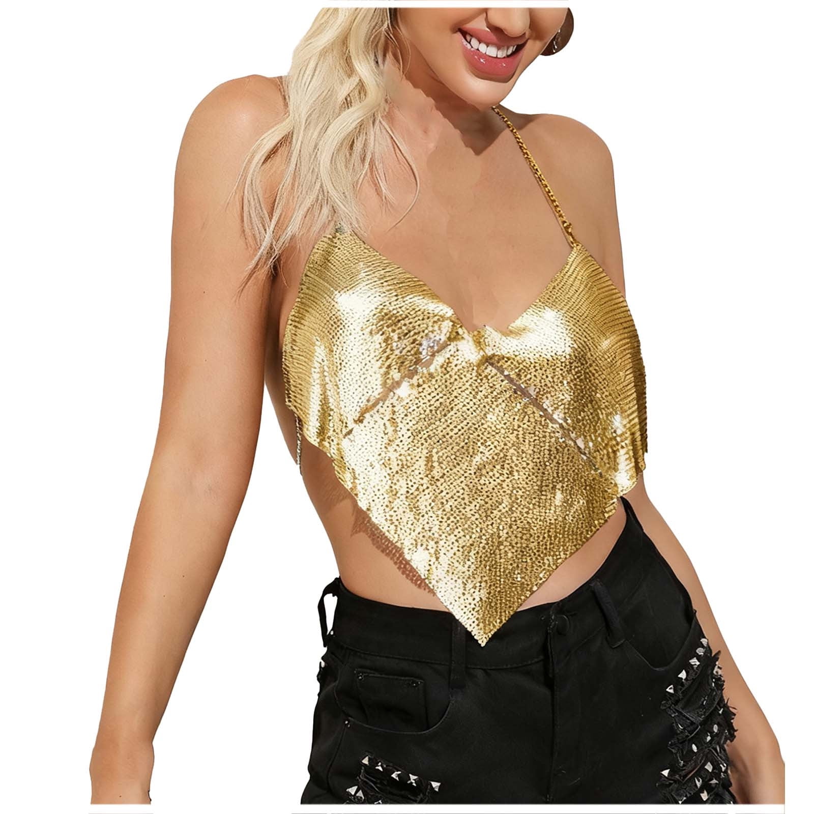 Women's Sequins Camisole Crop Top Open Back Shining Club Party