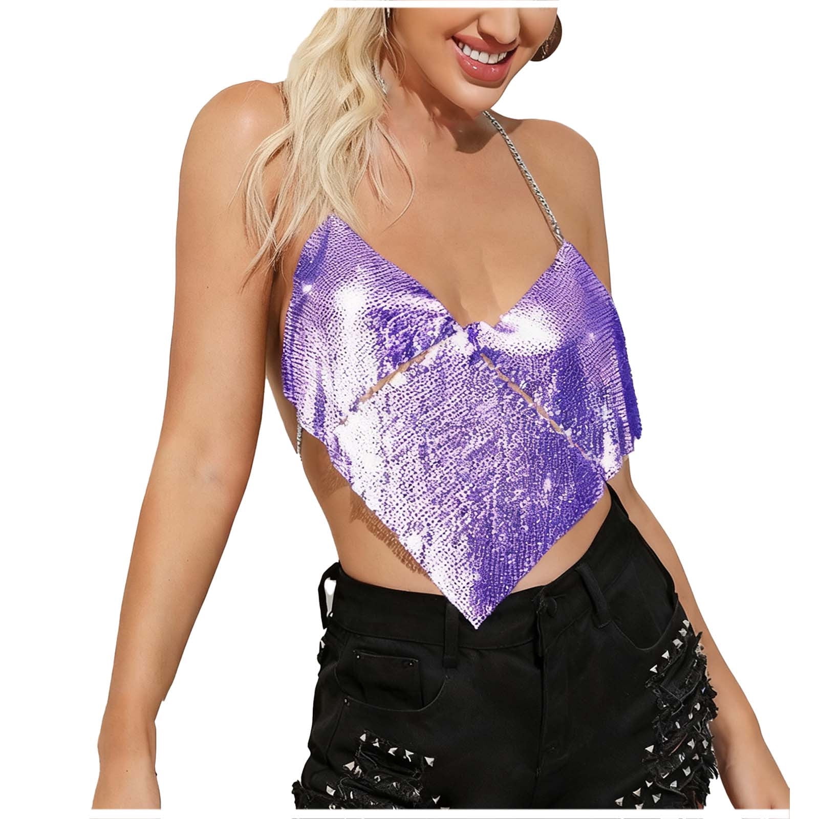 トップス BEEDEN GLITTER CAM TOP Women's Sequins Camisole Crop Top Open Back Shining Club Party