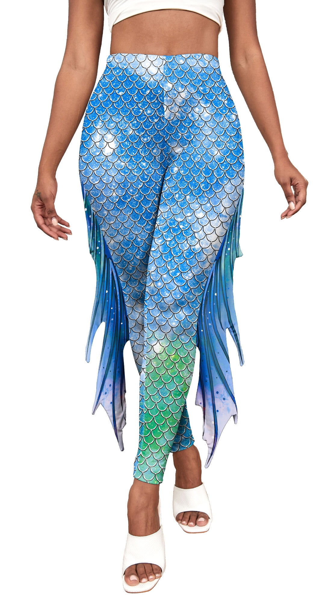 Womens Mermaid Leggings Shiny Fish Scale Printed Leggings Stretch Tight  Pants Costume