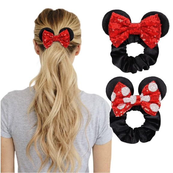 Women's Sequins Hair Bow Scrunchies, Velvet Mouse Ear Hair Ties for Ponytail,
