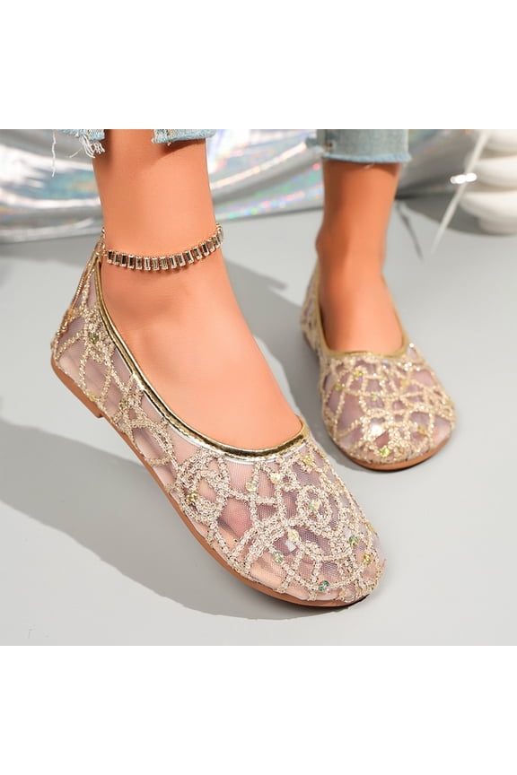 Women's Sequins Lace Ballet Flats Soft Flexible Non-Slip Flat Shoes Breathable Mesh Slip-on Round Toe Casual Shoes Gold 41