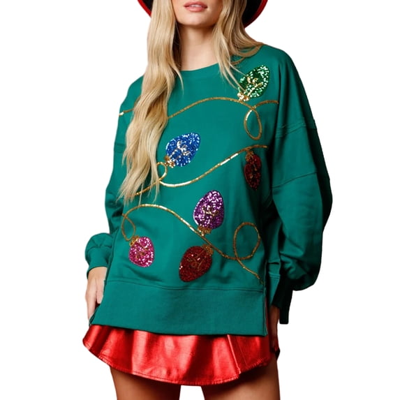 Women's Sequins Loose Sweatshirt Christmas Light String Drop Shoulders Long Sleeve Casual Pullover Tops Holiday Shirt