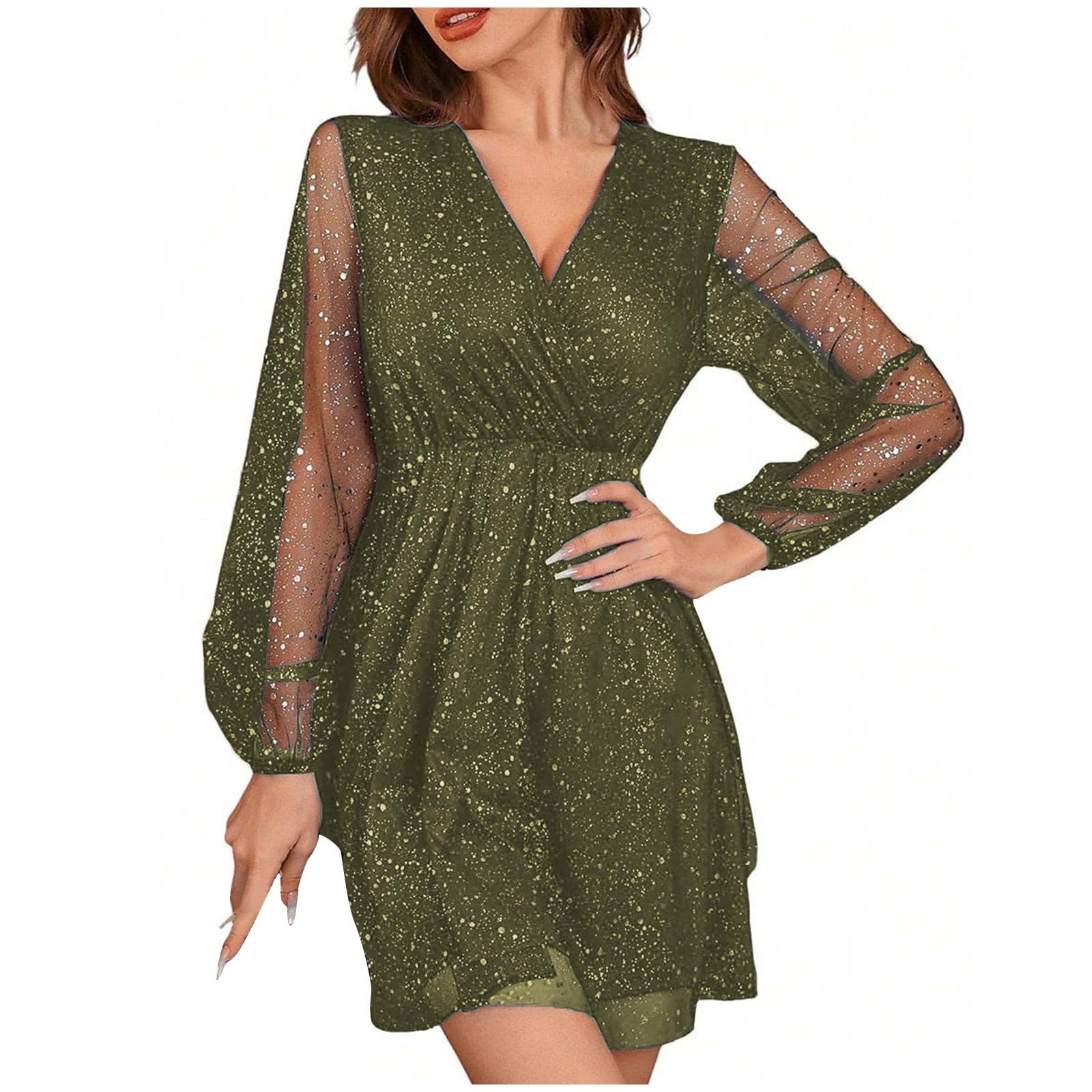 Women's Sequins Mini Dress Lantern Long Sleeve V Neck Mesh Splicing Glitter Cocktail Party Dress Short Dance Dress