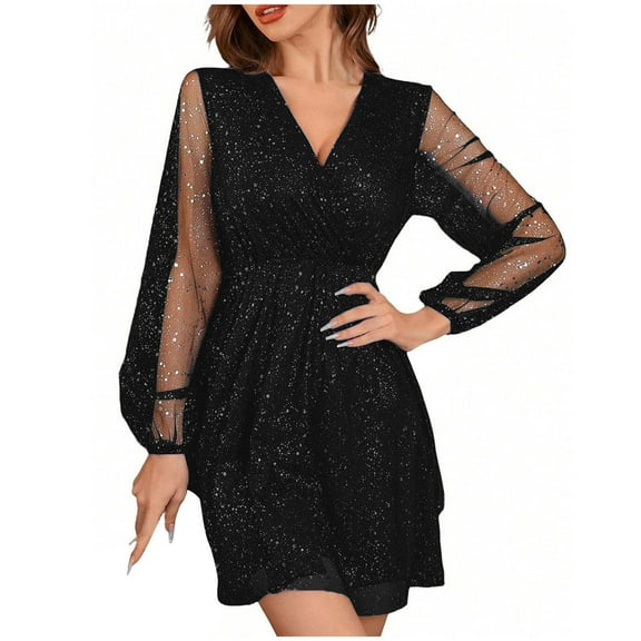 Women's Sequins Mini Dress Lantern Long Sleeve V Neck Mesh Splicing Glitter Cocktail Party Dress Short Dance Dress