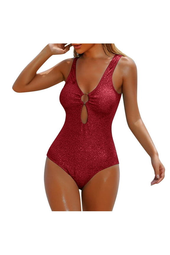Women's Sequins One Piece Swimsuit O-Ring Cutout V Neck Bathing Suit Bulit-in-Bra Back Smoothing Swimwear Cheeky One Piece Swimsuit Beach Sparkly Glitter Swim Suit XL Women One-Piece Swimsuit
