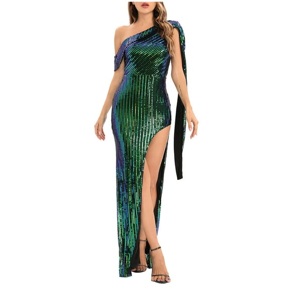 Women's Sequins One Shoulder Shawl High Split Bodycon Slim Maxi Dressy Dress Sparkly Glitter Cocktail Party Formal Dress