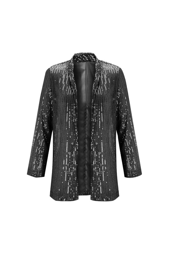 Women's Sequins Open Front Jacket, Long Sleeve Glitter Cardigan, Shiny Lapel Coat, Lightweight Outerwear, Casual Evening Wear, Fall Winter Sparkly Cover-Up Black