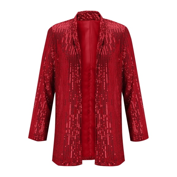 Women's Sequins Open Front Jacket, Long Sleeve Glitter Cardigan, Shiny Lapel Coat, Lightweight Outerwear, Casual Evening Wear, Fall Winter Sparkly Cover-Up Wine
