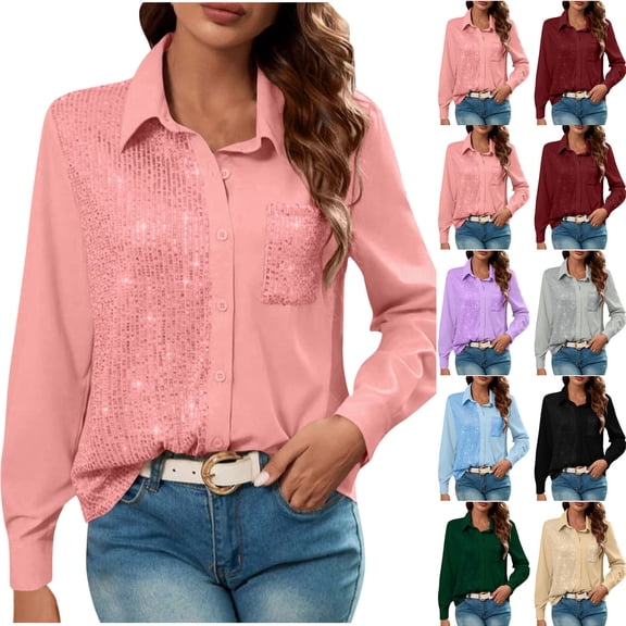 Women's Sequins Patchwork Pullover Top Lapel Shirt Blouse With Pockets Buttons Solid Color Casual Office Elegant Fashion Gift | CSEONE,Gray XL