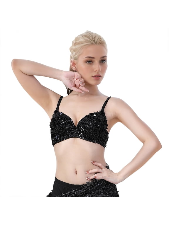 Women's Sequins Sparkle Beaded Accents Bra Top Rave Cabaret Belly Dance Costume Clubwear 34/75,36,80,36/80,Black