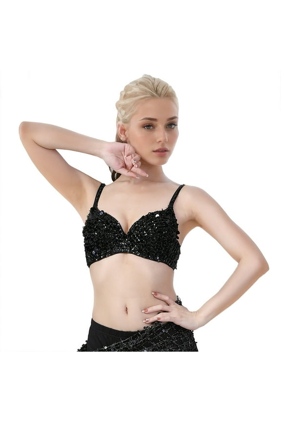 Women's Sequins Sparkle Beaded Accents Bra Top Rave Cabaret Belly Dance Costume Clubwear 34/75,36,80,36/80,Black