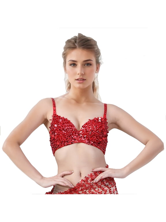 Women's Sequins Sparkle Beaded Accents Bra Top Rave Cabaret Belly Dance Costume Clubwear 34/75,36,80,36/80,Red