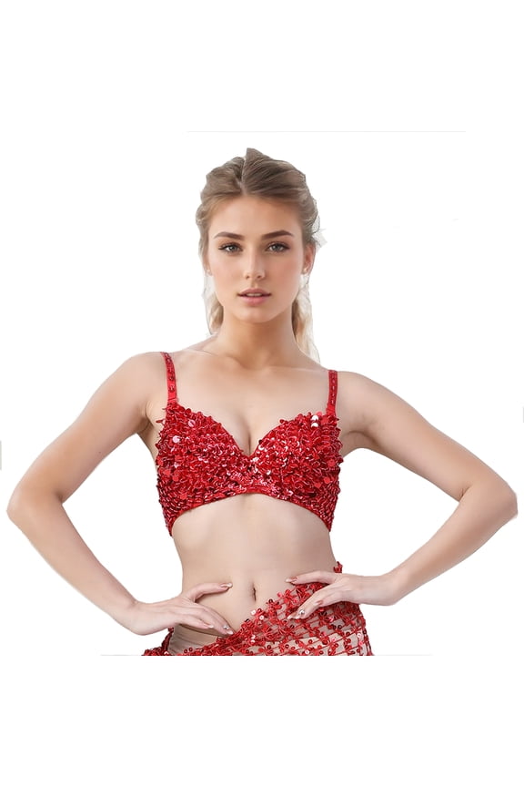 Women's Sequins Sparkle Beaded Accents Bra Top Rave Cabaret Belly Dance Costume Clubwear 34/75,36,80,36/80,Red