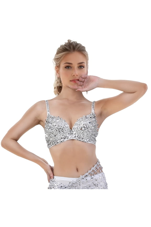 Women's Sequins Sparkle Beaded Accents Bra Top Rave Cabaret Belly Dance Costume Clubwear 34/75,36,80,36/80,Silver