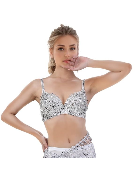 Women's Sequins Sparkle Beaded Accents Bra Top Rave Cabaret Belly Dance Costume Clubwear 34/75,36,80,36/80,Silver