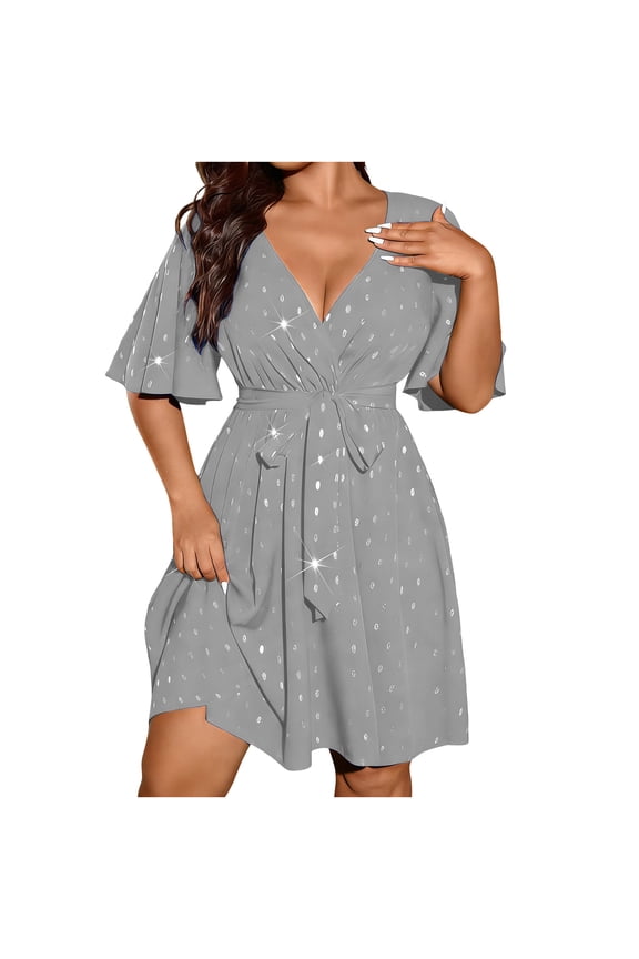 Women's Sequins Summer Swing Cocktail Dress, Elegant V Neck Fultter Sleeve Wedding Party Formal Evening Dresses