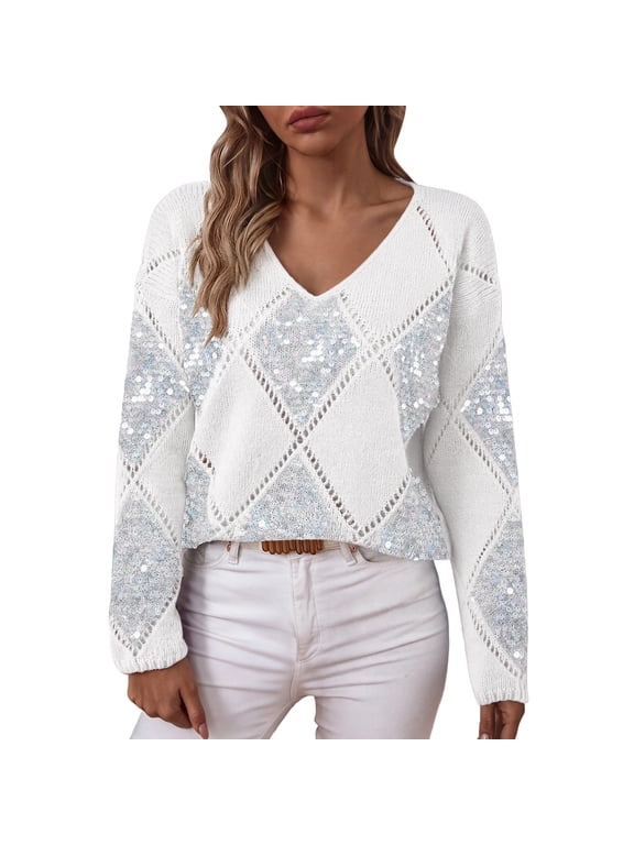Women's Sequins Sweater V Neck Knit Diamond Pattern Loose Hollow Out Long Sleeve Pullover Trendy Casual Tops (2XL, White)