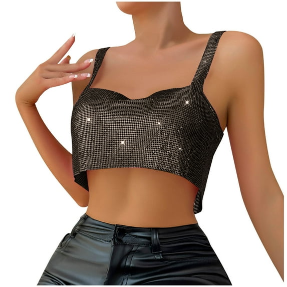 Women's Sequins Tank Tops Spaghetti Strap Crop Top Tight Sleeveless Tube Top Casual Fashion Sparkly Camisole Tanks Clubwear Black,Free Size