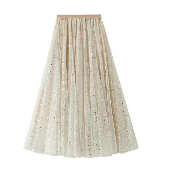 Women's Sequins Tulle Skirts Elastic High Waist Mesh Sparkle Pleated A-Line Flowy Cocktail Party Long Skirts Ladies Clothes