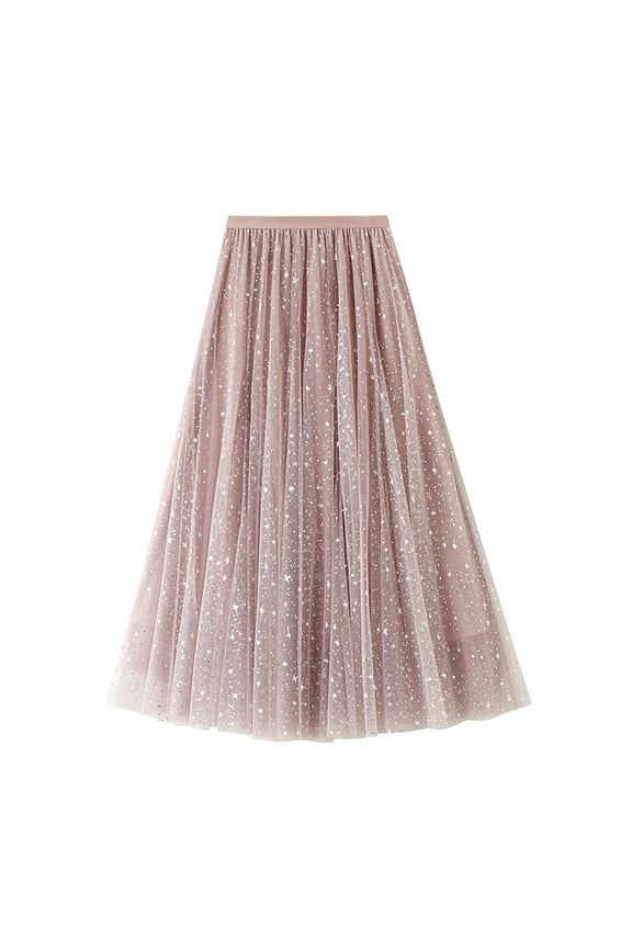 Women's Sequins Tulle Skirts Elastic High Waist Mesh Sparkle Pleated A-Line Flowy Cocktail Party Long Skirts