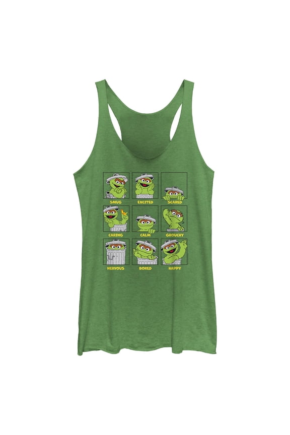 Women's Sesame Street Emotions Of Oscar the Grouch Racerback Tank Top