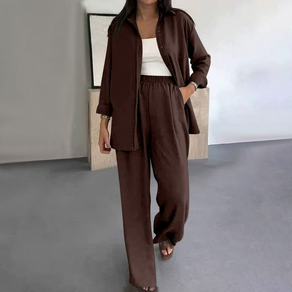 Women's Set Cotton Linen Lounge Plus Size Long Sleeve Workout Gym Travel Vacation Button Down Shirt and Wide Leg Pants Casual Comfy Matching Outfits