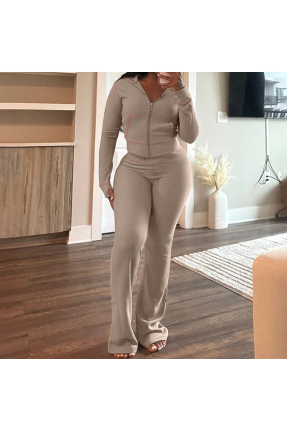 Women's Set Texture Striped Hooded Tops And Flare Pants Suits 2024 Fall Casual Street 2 Piece Sets Two Piece Pants Set Women Wedding Pant Suits Petite Size Women Dress Suits Set Petite Pant Suits for