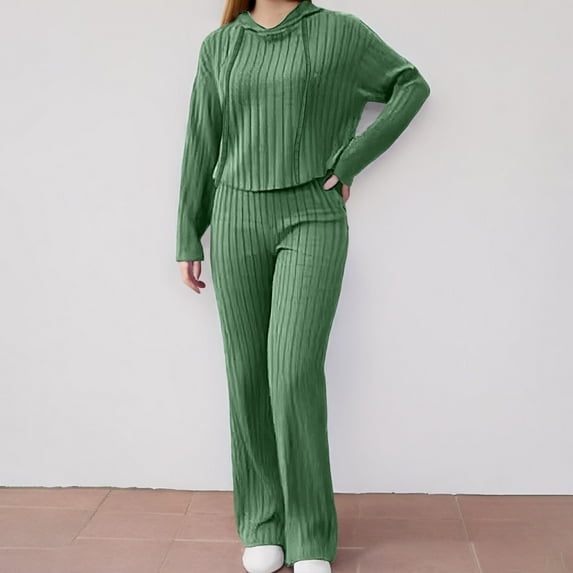 Women's Set Tracksuit 2 Pyjamas Ribbed Knit Hooded Pullover Top And Trousers With Wide Legs Leisure Suits Jogging Suit Loungewear Sleepwear Sleepwear Homewear Women Party Outfits Sump Suit Wide Leg