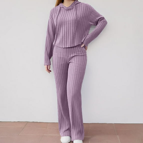 Women's Set Tracksuit 2 Pyjamas Ribbed Knit Hooded Pullover Top And Trousers With Wide Legs Leisure Suits Jogging Suit Loungewear Sleepwear Sleepwear Homewear Women Party Outfits Sump Suit Wide Leg