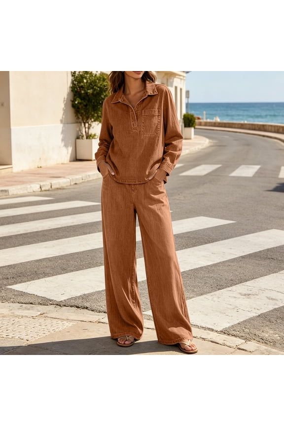 Women's Set Washed Denim Two-Piece Set Half Open Collar Long Sleeve Soft Elastic Denim Matching Outfit Solid Color High Waist Pocket Wide Leg Pants Suit Daily Office Beach Vacation Party Casual Wear